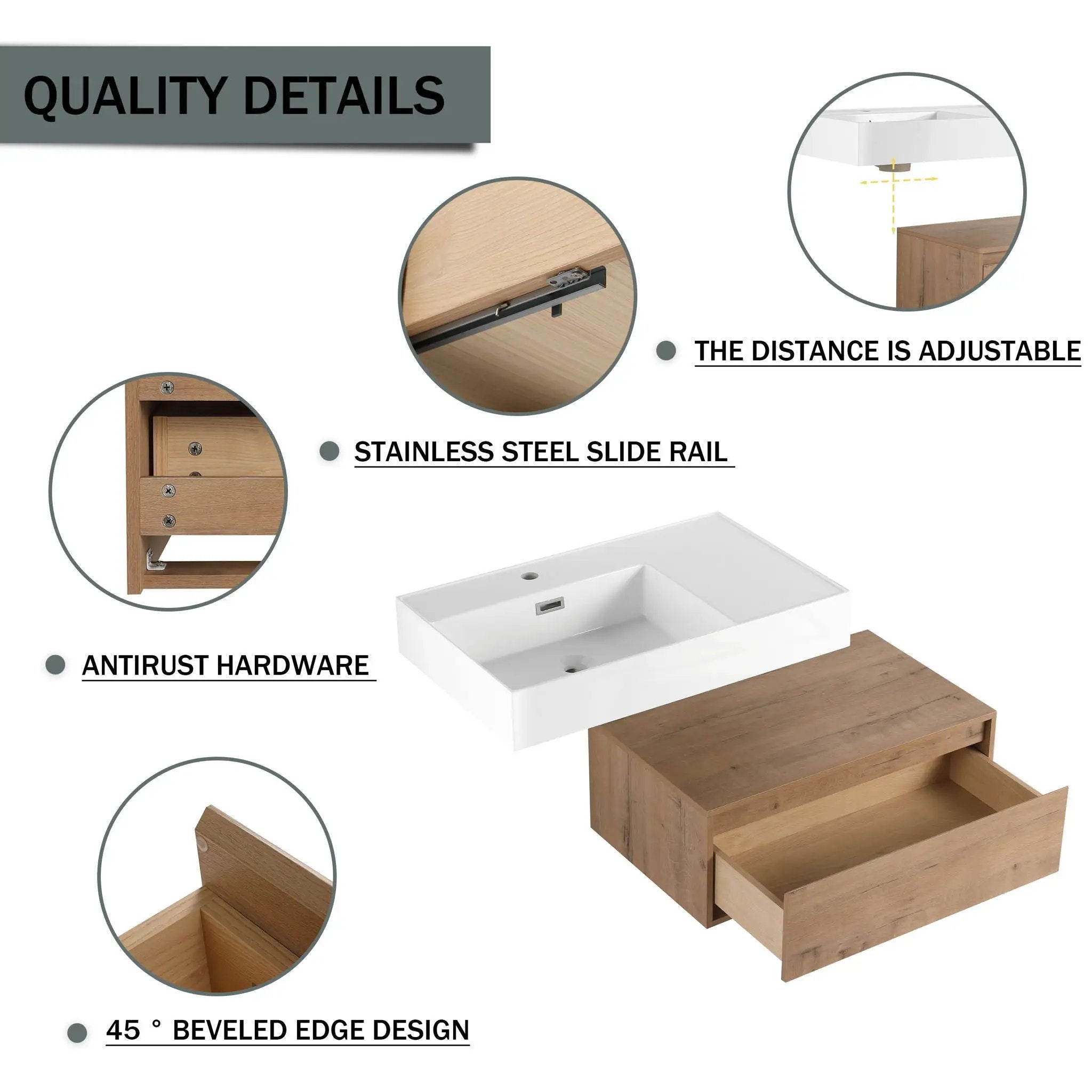Modern Wall Mounted Bathroom Vanity With Resin Sink And Soft Close Drawer In Imitative - Imitative Oak by HouseOfZazla
