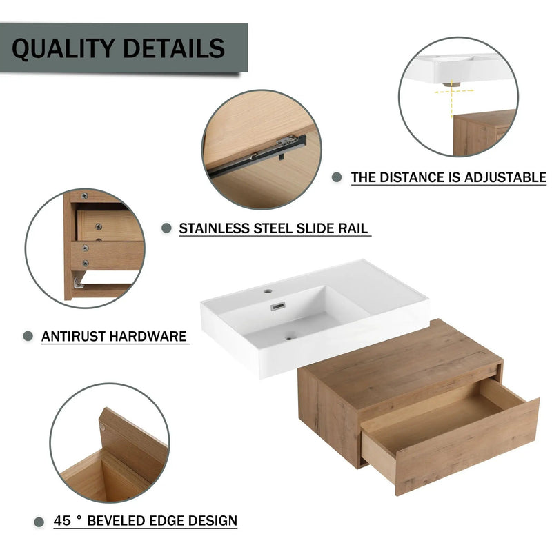 Modern Wall Mounted Bathroom Vanity With Resin Sink And Soft Close Drawer In Imitative - Imitative Oak by HouseOfZazla