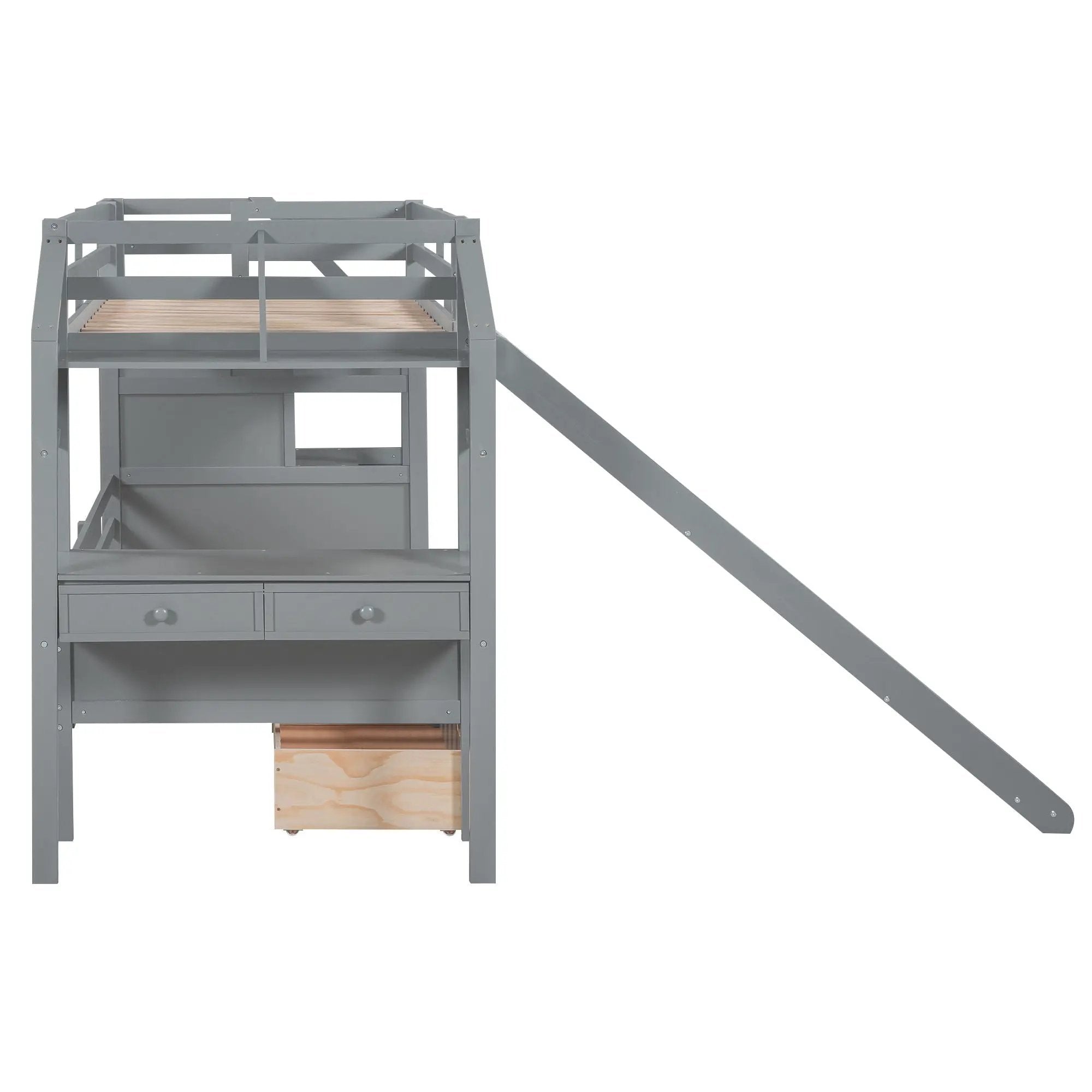Bunk Bed With Storage Staircase, Slide, Desk, Drawers, And Shelves