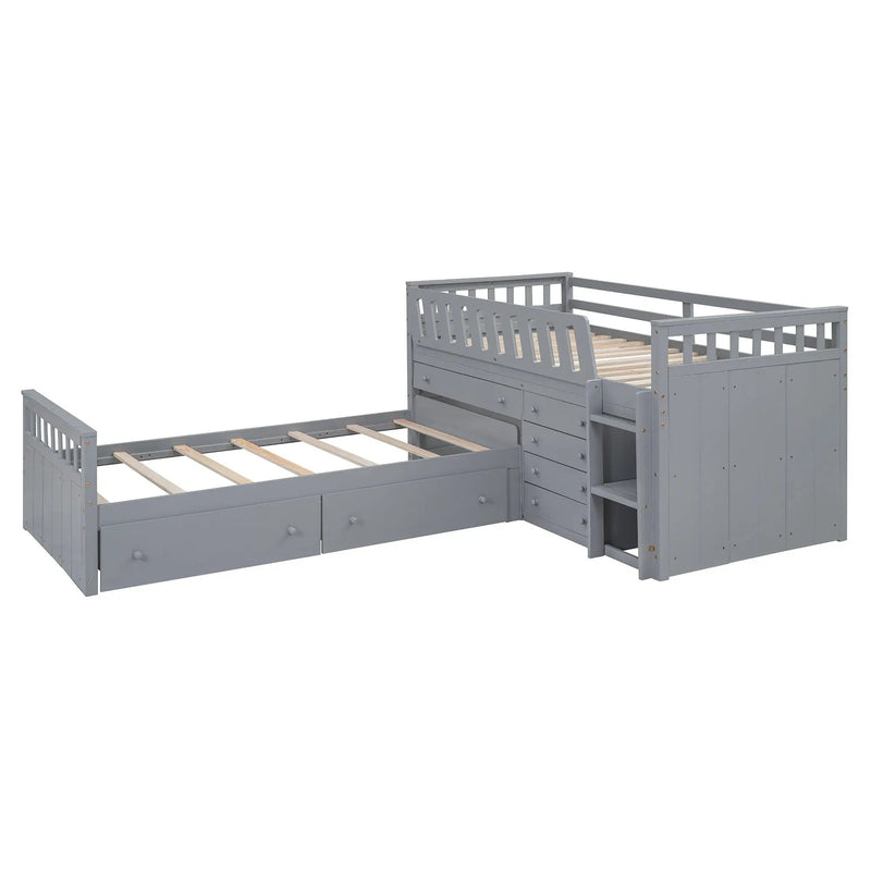 Loft Platform Bed With 7 Drawers And Full Guardrails, Modern L Shaped Space Savin