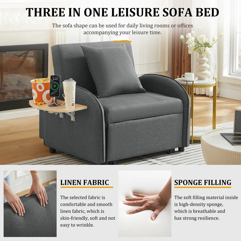 Sleeper Sofa Chair Bed, 3-In-1 Convertible with Adjustable Backrest & Foldable Table by HouseOfZazla