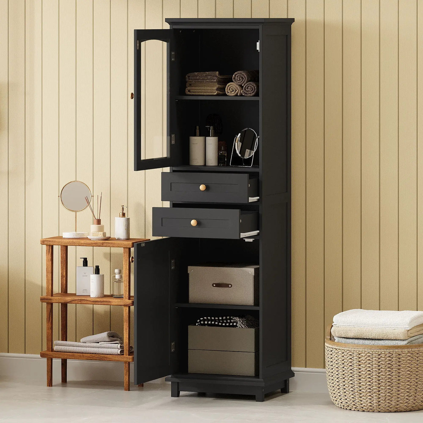 Tall Bathroom Storage Cabinet With Glass Doors, Free-Standing, Two Drawers, And Adjustable Shelves, Board, Painted Perfect For Displaying Your Favorite Items by Unique Piece Furniture