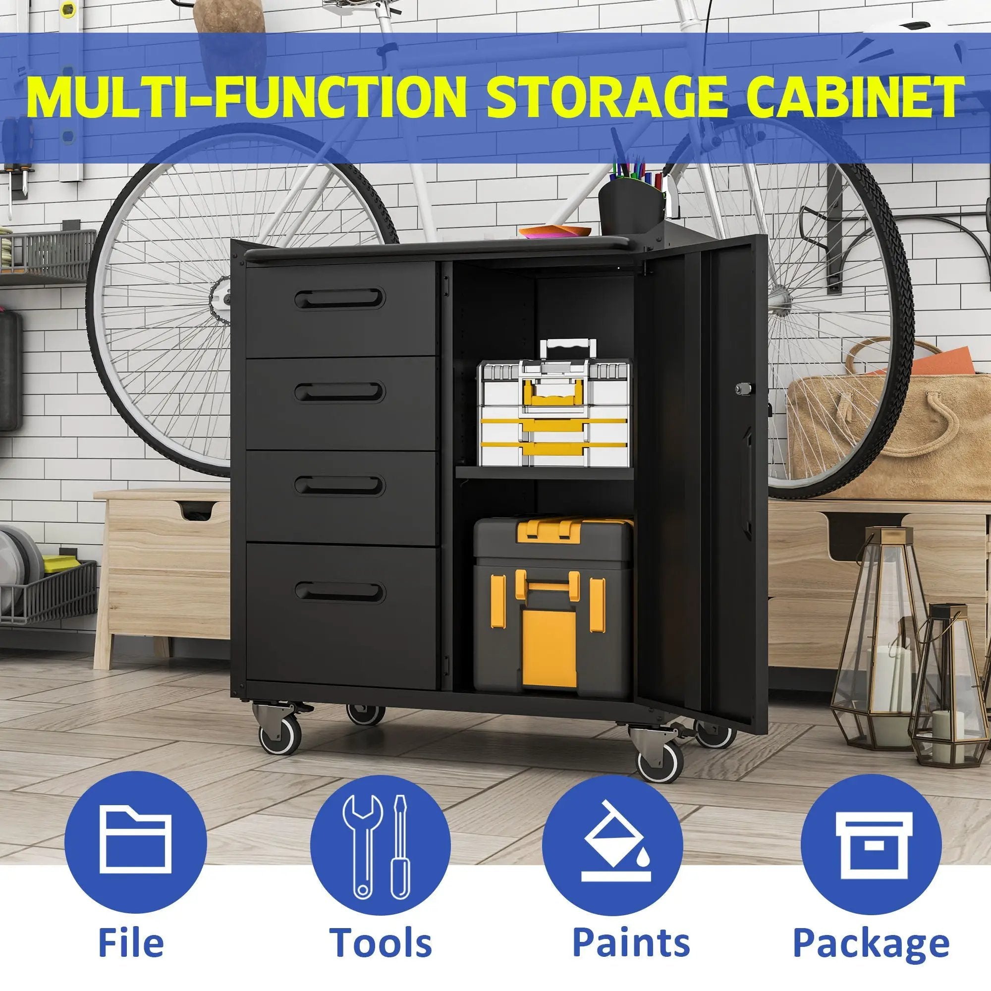 Sturdy Metal Tool Storage Cabinet With Wheels Durable Garage, Office & Home Organizer Steel by HouseOfZazla