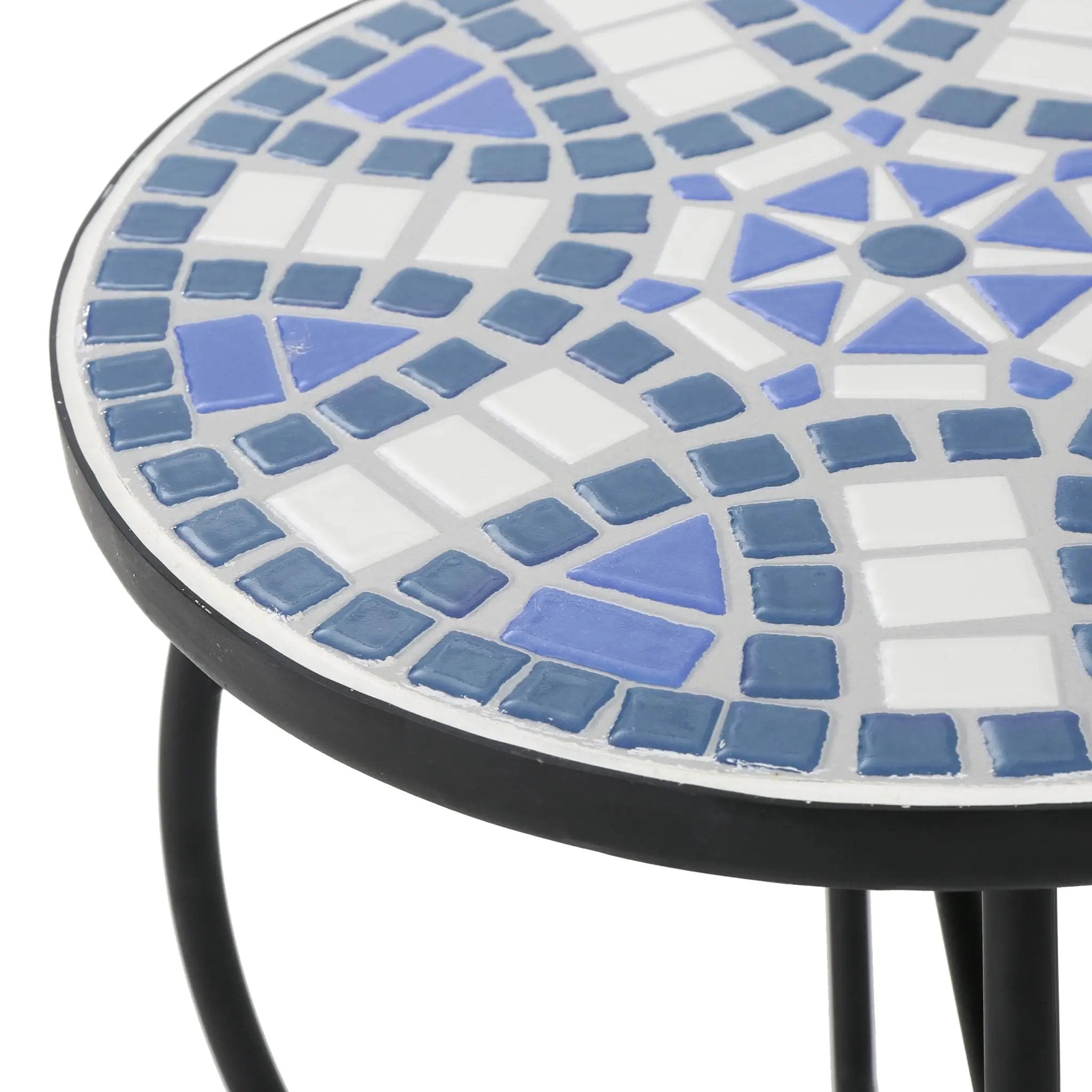 Outdoor Round Side Table With Mosaic Style Top And Curved Iron Legs - Blue / Matte Black by HouseOfZazla