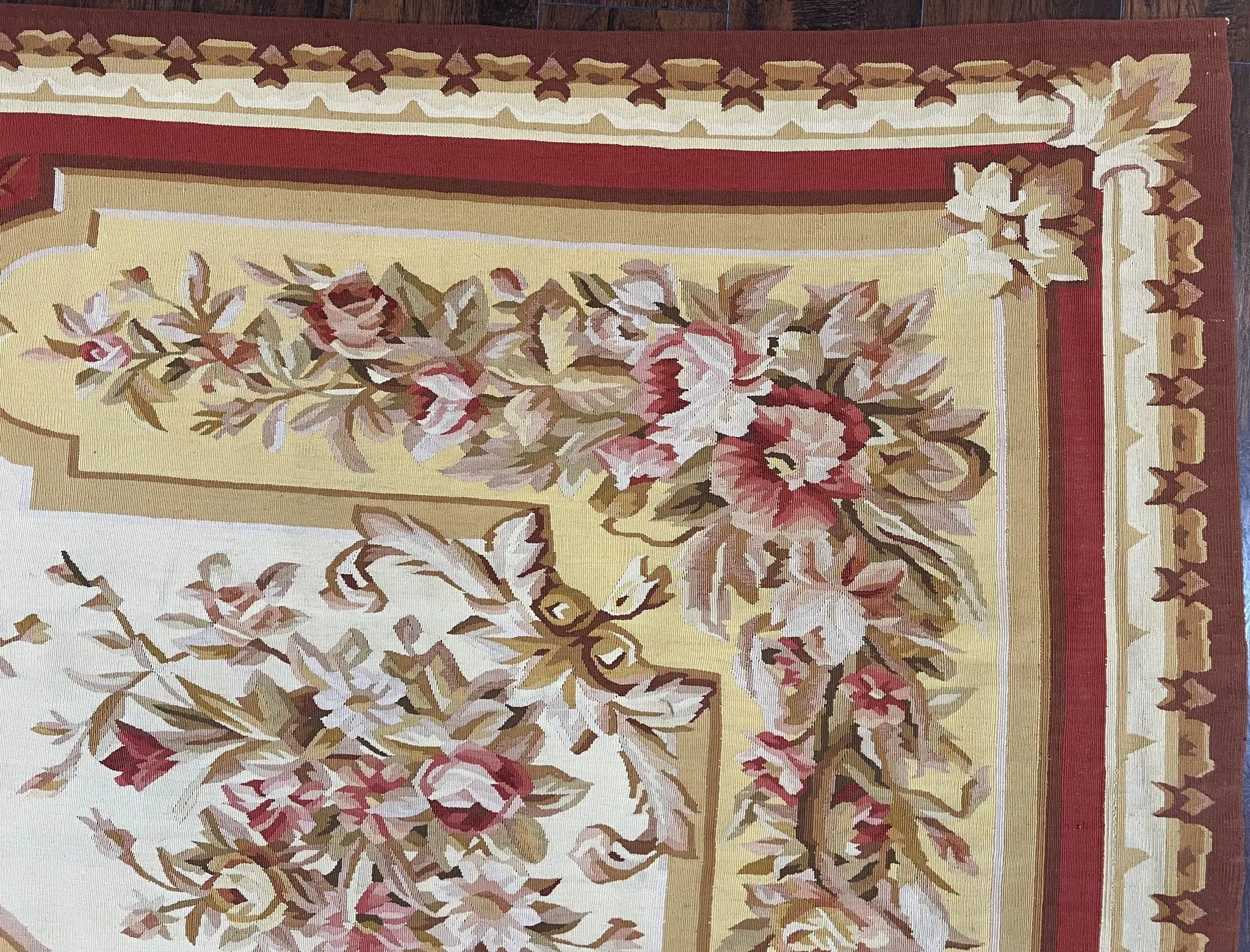 Aubusson Rug 9x12, Elegant Flatweave Savonnerie Carpet 9 x 12 ft, Ivory Light Yellow Red, Handmade Wool Flatweave French European Rug by Jewel Rugs