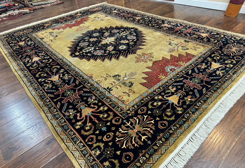 Indo Persian Heriz Rug 8x12, Camel Hair Tan and Navy Blue, Decorative by Jewel Rugs