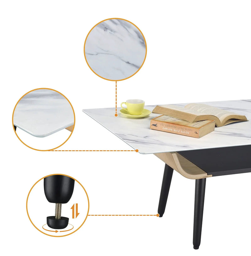 Landon - Coffee Table With Glass Marble Texture Top And Bent Wood Design by Unique Piece Furniture