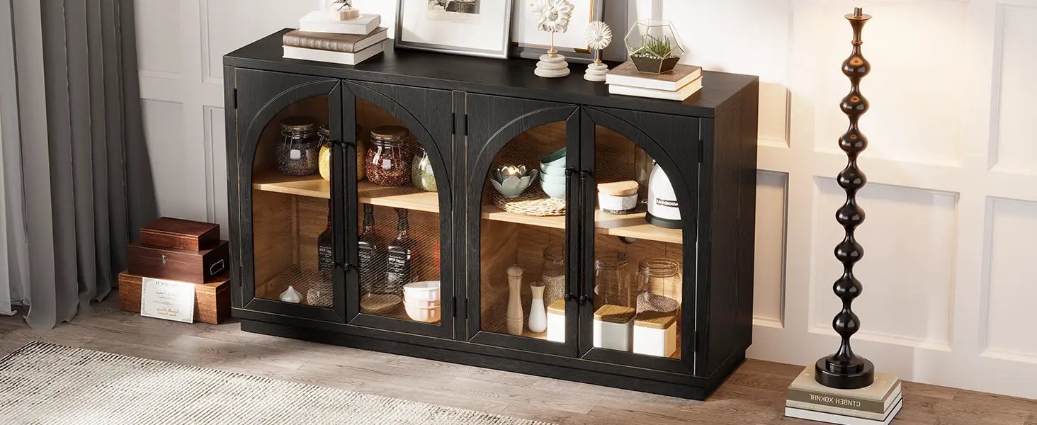 4-Door Large Storage Sideboard Buffet Cabinet with Glass Doors Arched Cabinet (Black) by HouseOfZazla