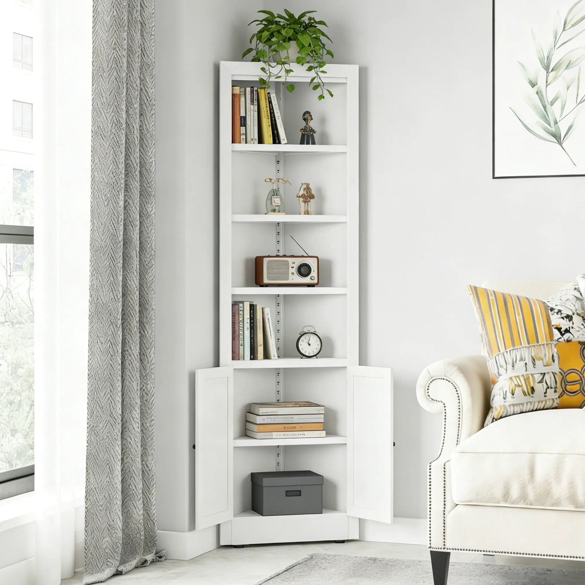 Tall Corner Storage Cabinet With 2 Doors, 5-Tier With Adjustable Shelve, Freestanding - White by Unique Piece Furniture