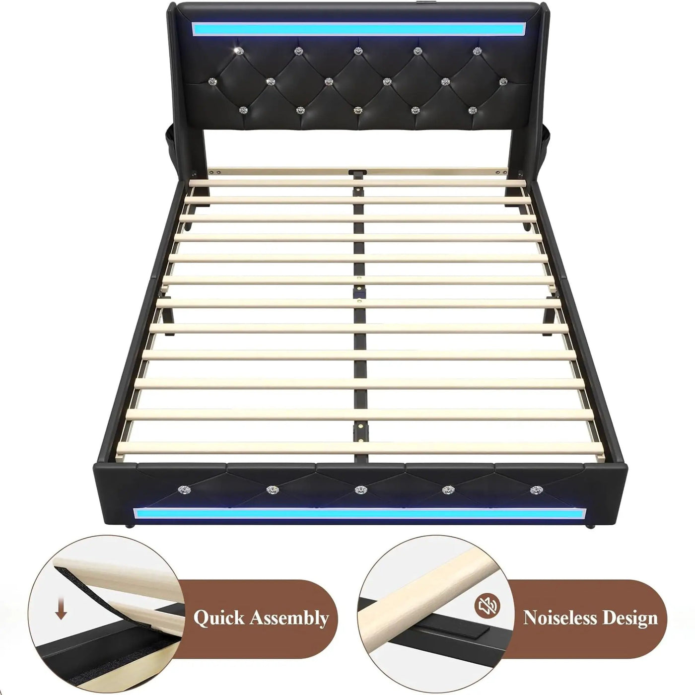 Wingback Upholstered Bed Frame With LED Lights, Charging Station by HouseOfZazla