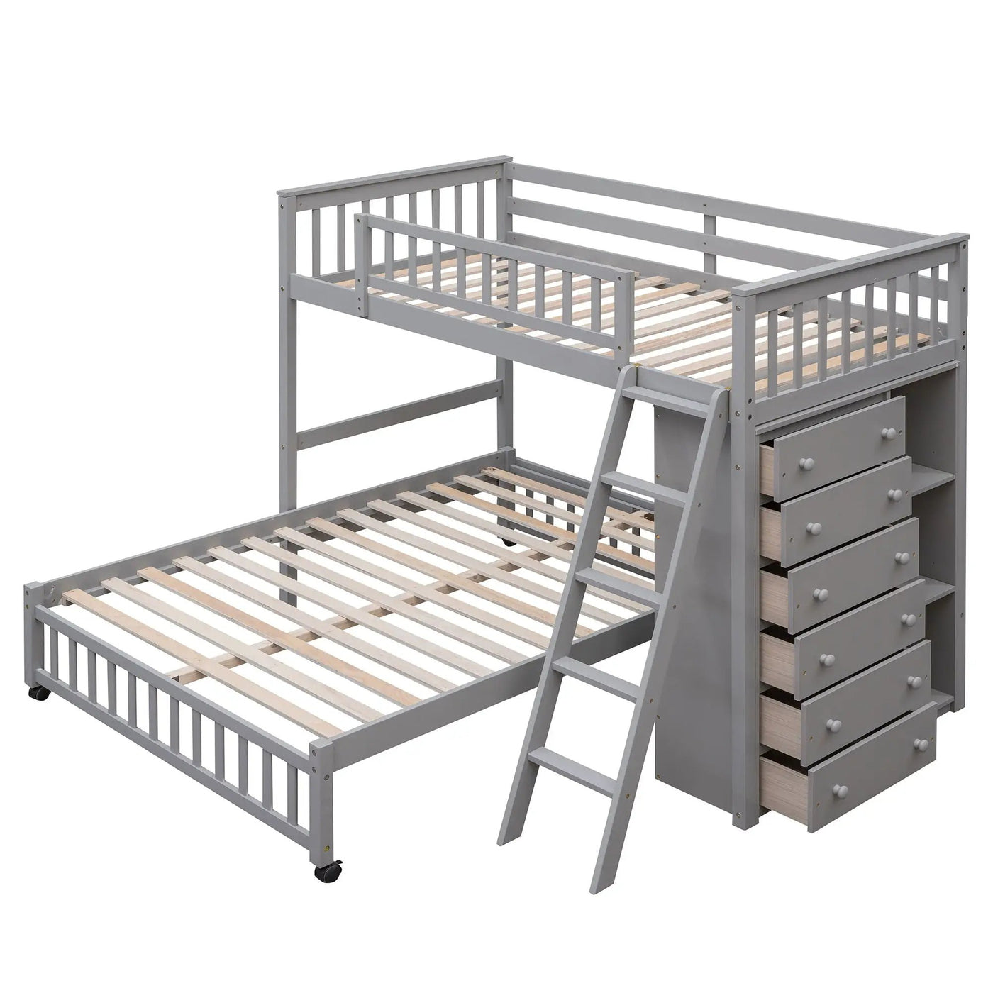 Bunk Bed With 6 Drawers And Flexible Shelves, Bottom Bed With Wheels by HouseOfZazla