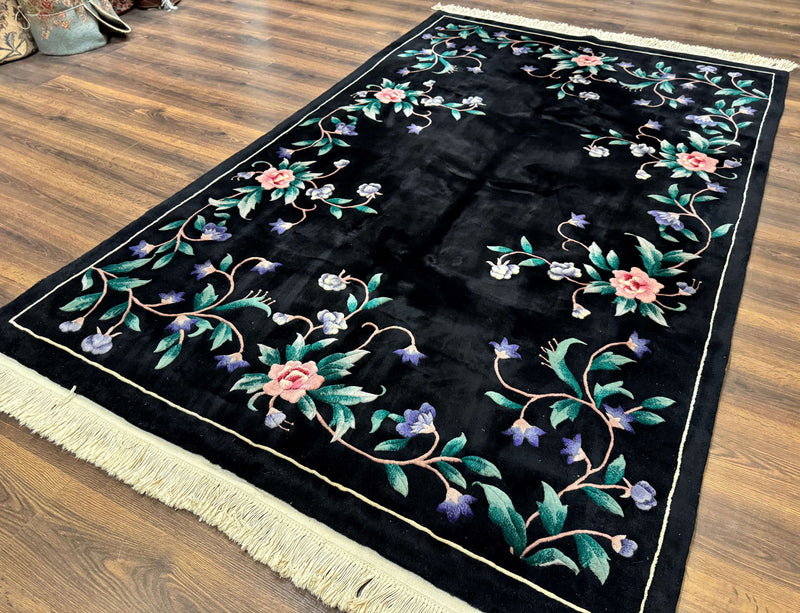 Chinese Wool Rug 6x9, Black, Floral, Minimal Design, 90 Line Carpet, Vintage Art Deco Rug by Jewel Rugs