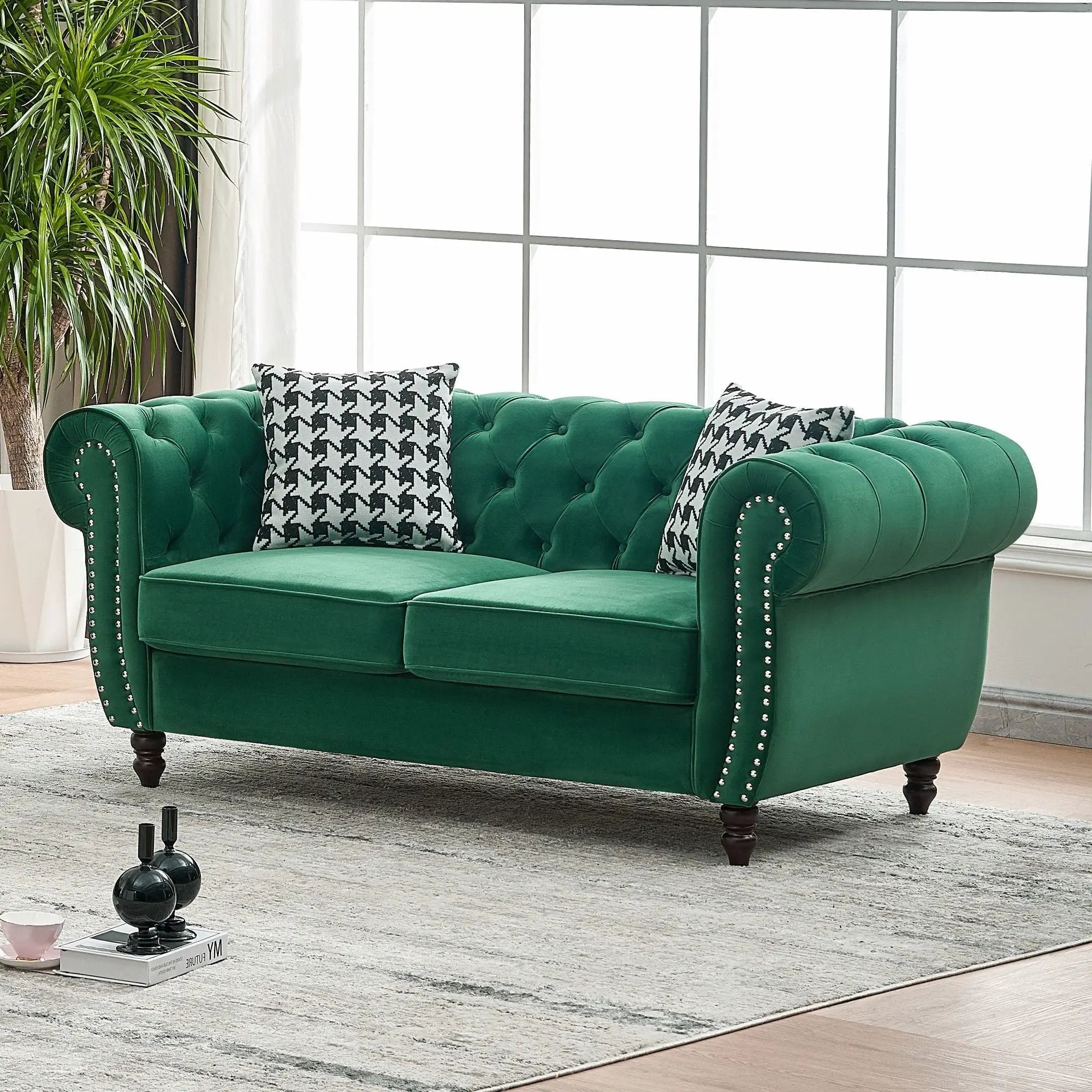 Chesterfield Fabric Sofa With Roll Armrest And Nailhead, Mid Century 2 Seater Couch by Unique Piece Furniture
