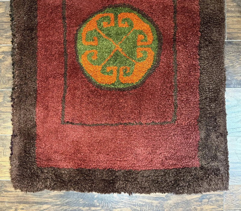 German Hooked Runner Rug 3x8, Vintage, Red, Wool by Jewel Rugs