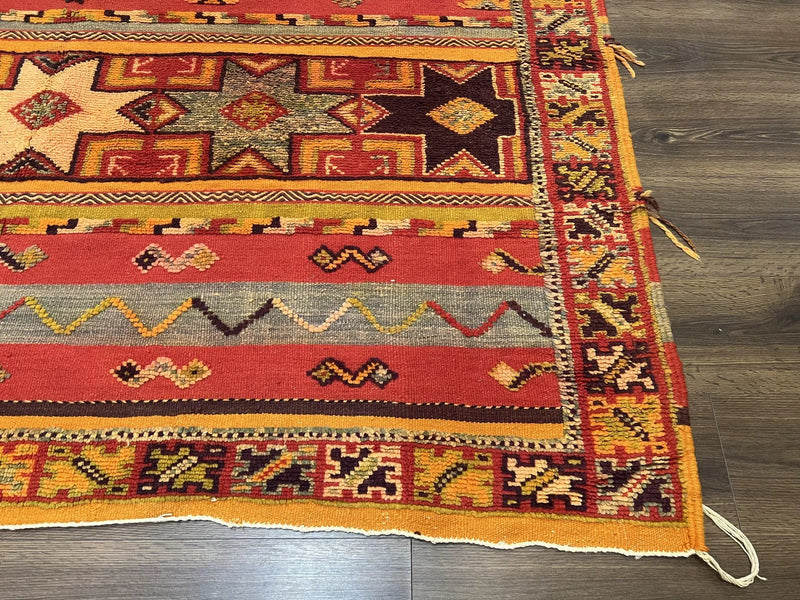 Unique Moroccan Rug 7x10, Room Sized Carpet, Red Orange Gray, Wool Oriental Striped Geometric Tribal Boho Rug, Flatweave with Raised Pile by Jewel Rugs