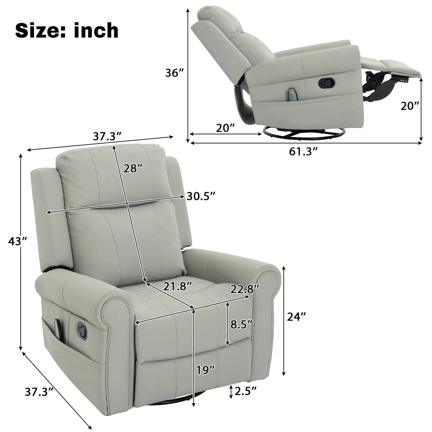 Manual Recliner Chair With 270 Degree Swivel, Massage & Heating, Dual Reclining Positions by Unique Piece Furniture