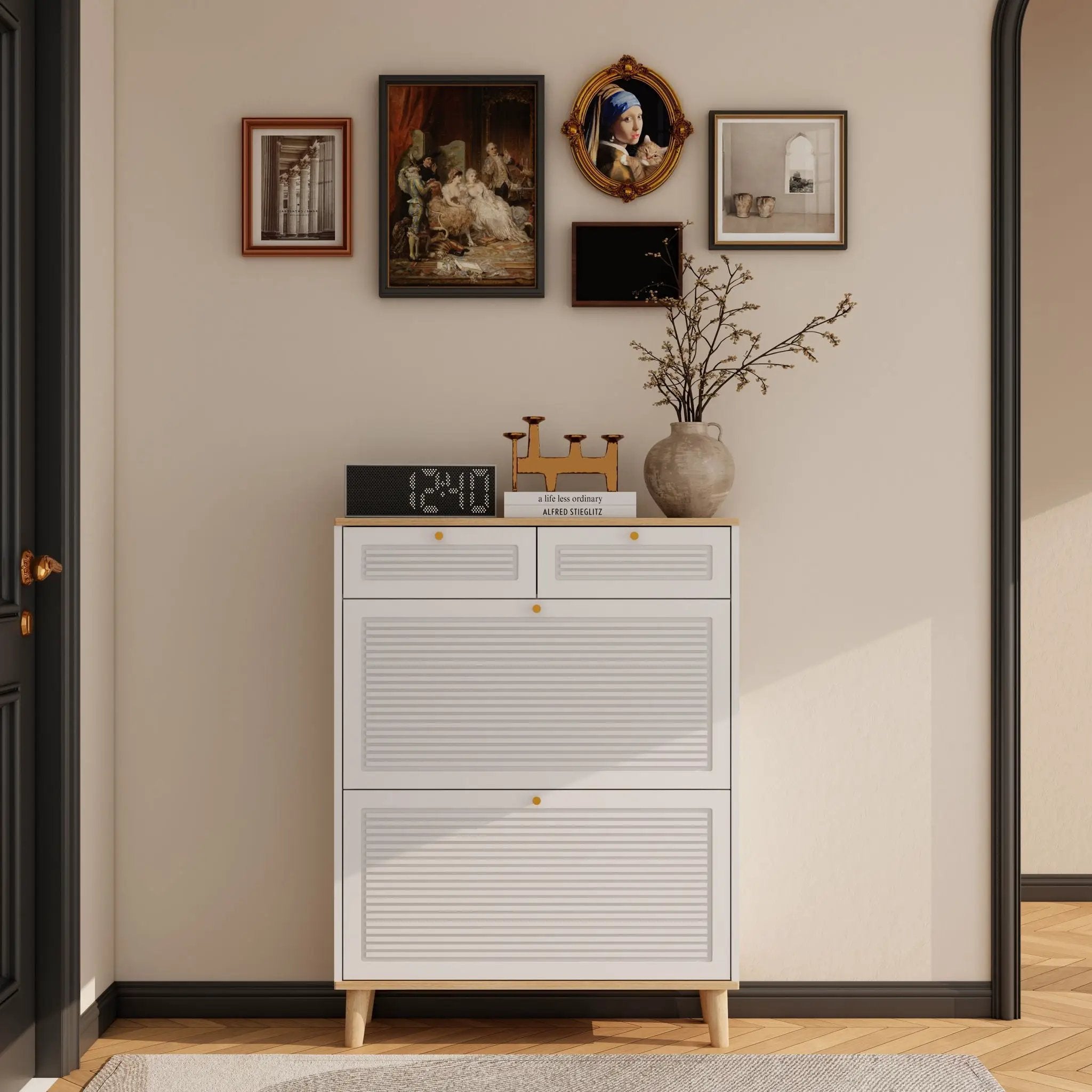 Modern Freestanding Shoe Cabinet With Flip Up Doors And Drawers, Compact Design For Entryway - White Natural by Unique Piece Furniture