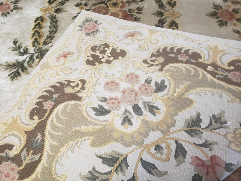 Aubusson Rug 10x14, Elegant French European Design, Vintage Handmade Carpet with Pile, Beige Floral Dining Room Rug, Living Room, Soft Wool by Jewel Rugs