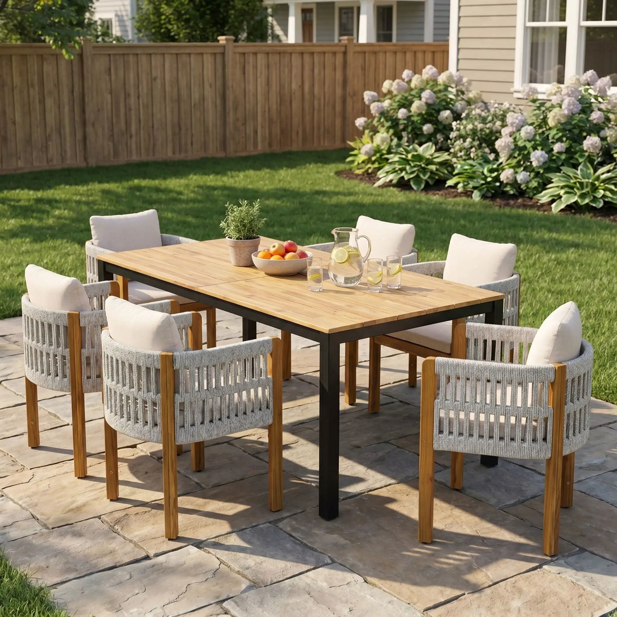 7 Piece Outdoor Dining Set with Table and Chairs - Beige / Teak / White by HouseOfZazla