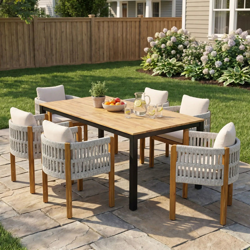 7 Piece Outdoor Dining Set with Table and Chairs - Beige / Teak / White by HouseOfZazla