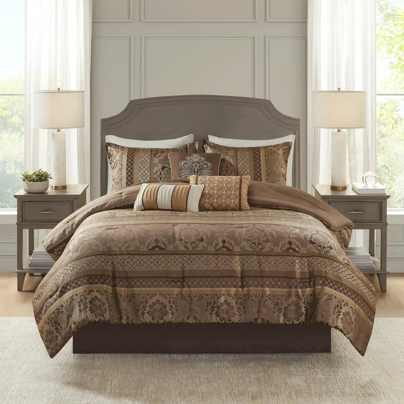 7 Piece Jacquard Comforter Set Brown/Gold Queen by HouseOfZazla