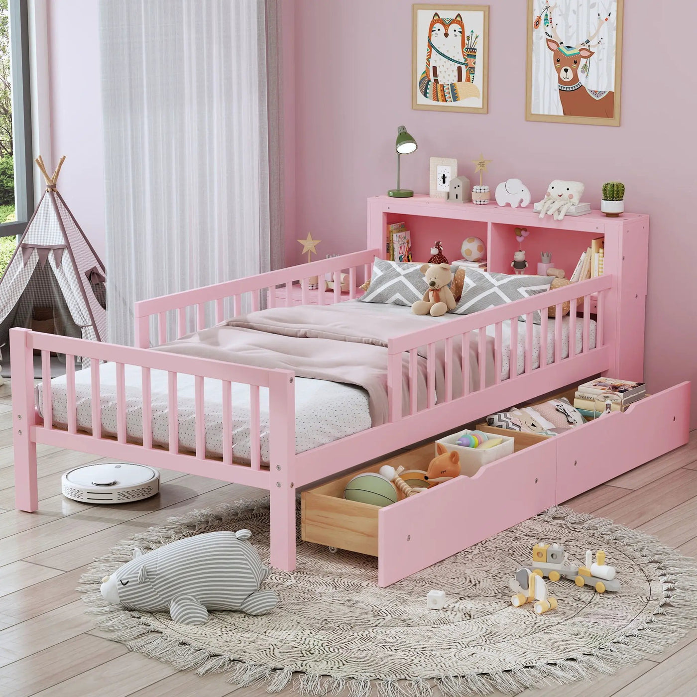 Bed With Headboard Storage Rack, 2 Under Bed Drawers, 3 Side Guardrails For Safety by HouseOfZazla