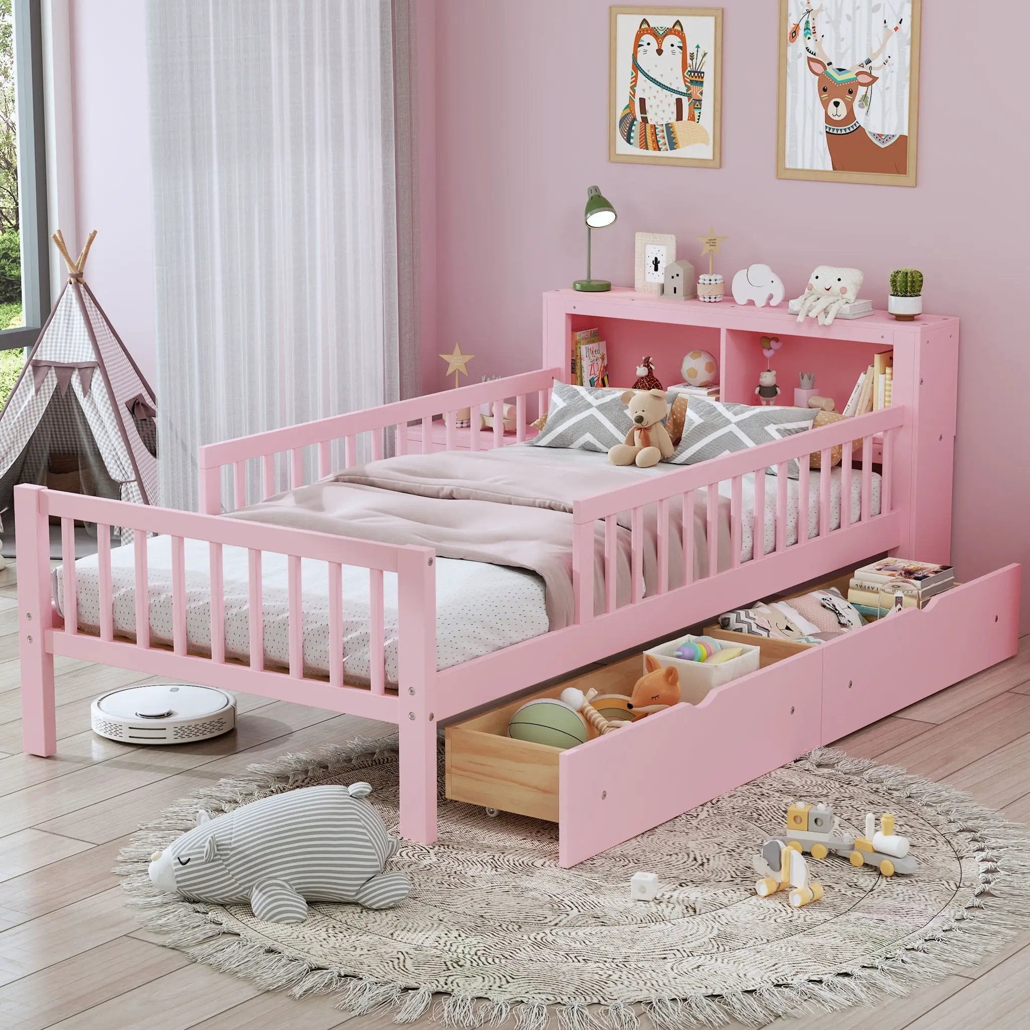 Bed With Headboard Storage Rack, 2 Under Bed Drawers, 3 Side Guardrails For Safety by Unique Piece Furniture