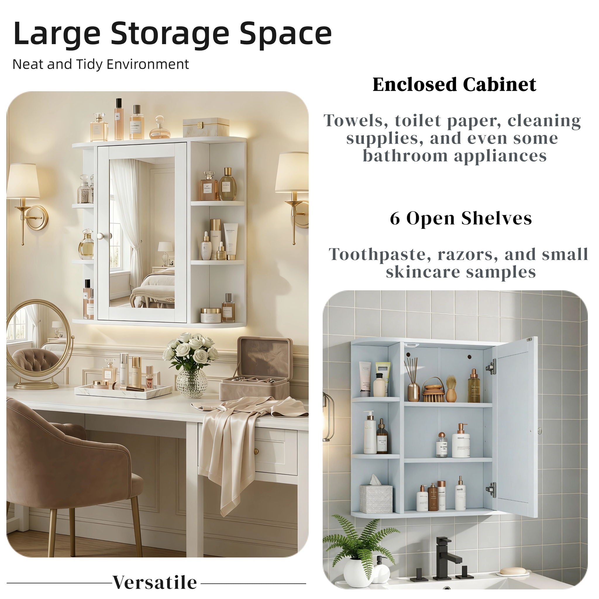 Bathroom Wall Storage Cabinet With Mirror And Adjustable Shelf, 6 Open Shelves by HouseOfZazla