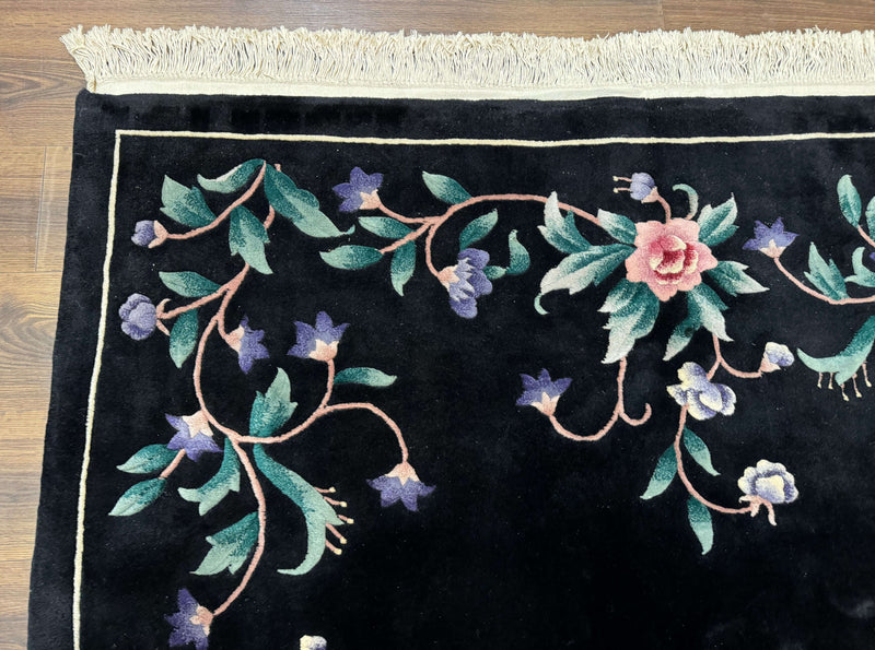 Chinese Wool Rug 6x9, Black, Floral, Minimal Design, 90 Line Carpet, Vintage Art Deco Rug by Jewel Rugs