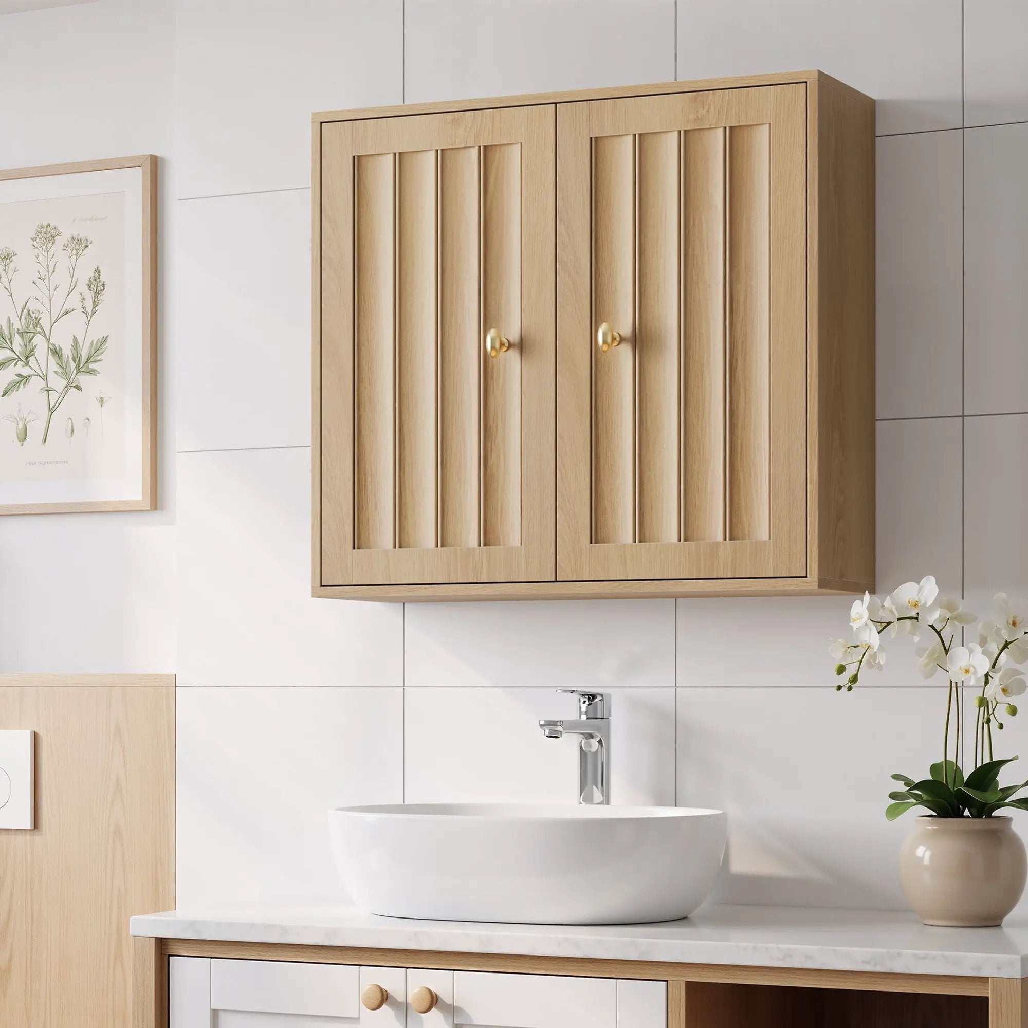 Wall Mounted Bathroom Cabinet With Double Doors And Vertical Grooved Design For Bathrooms - Oak by Unique Piece Furniture