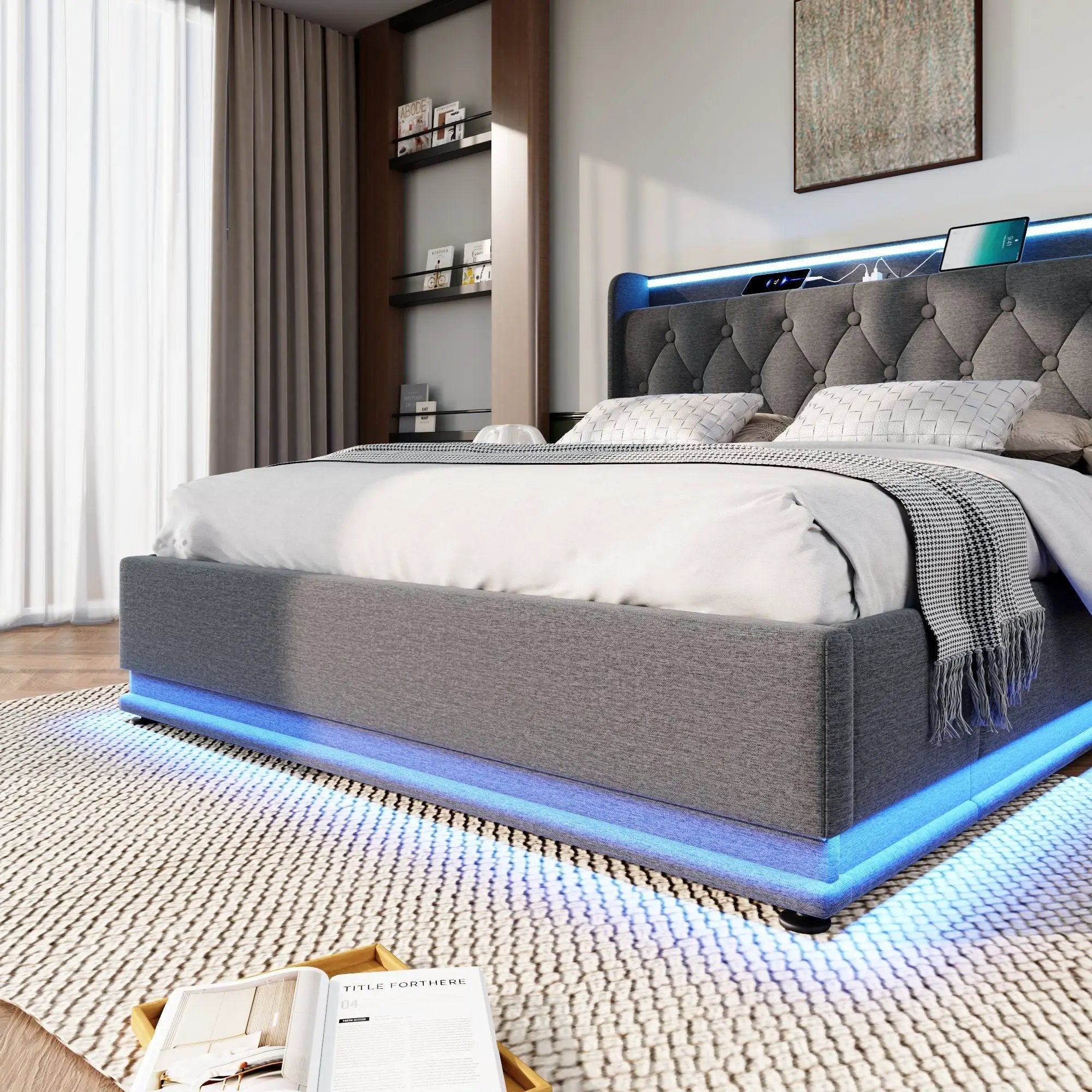 Upholstered Bed, 360 Surround LED Function, Remote Control, Hydraulic Storage Bed With USB, Type-C Charging (Without Mattress) by HouseOfZazla
