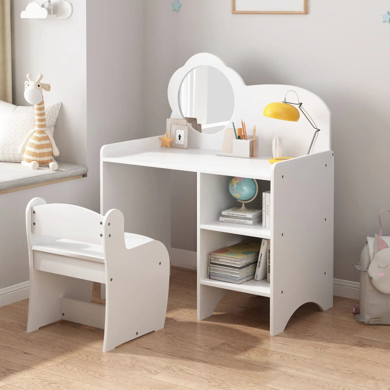Kids Vanity Table With Mirror And Chair, Dressing Makeup Desk With Storage Shelves - White by Unique Piece Furniture