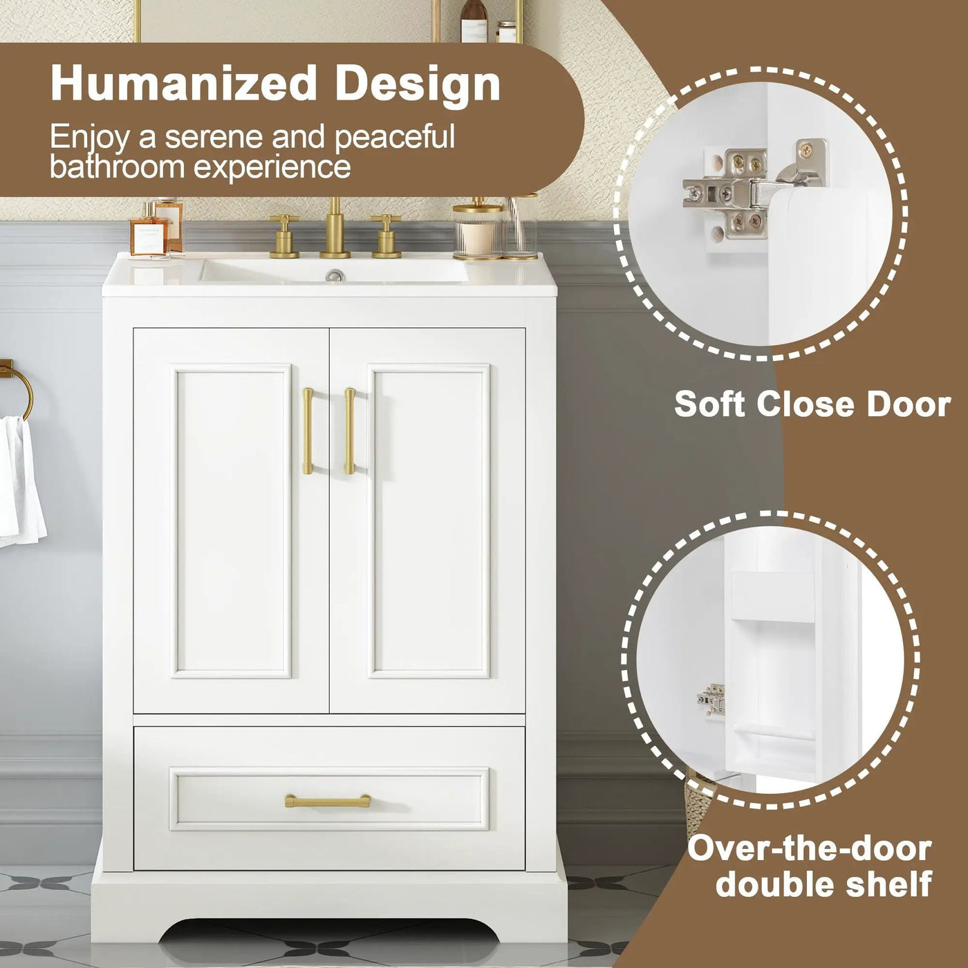 Bathroom Vanity With Sink, 1 Divided Drawer And 2 Soft Close Doors With Double Shelf by Unique Piece Furniture