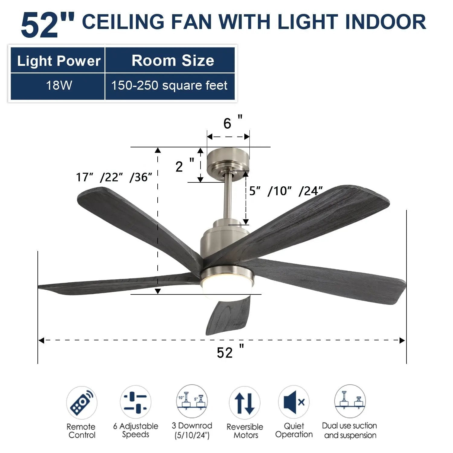 Modern Ceiling Fan With Dimmable LED Light 5 Solid Wood Blades Remote Control Reversible Dc Motor With Smart App Control - Nickel by Unique Piece Furniture