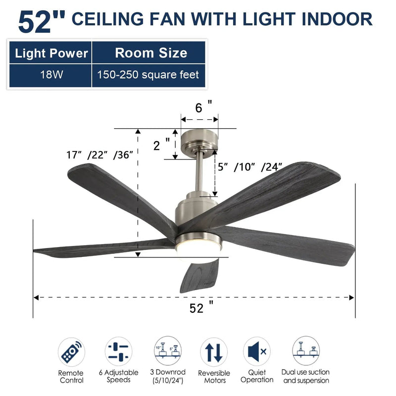 Modern Ceiling Fan With Dimmable LED Light 5 Solid Wood Blades Remote Control Reversible Dc Motor With Smart App Control - Nickel by Unique Piece Furniture