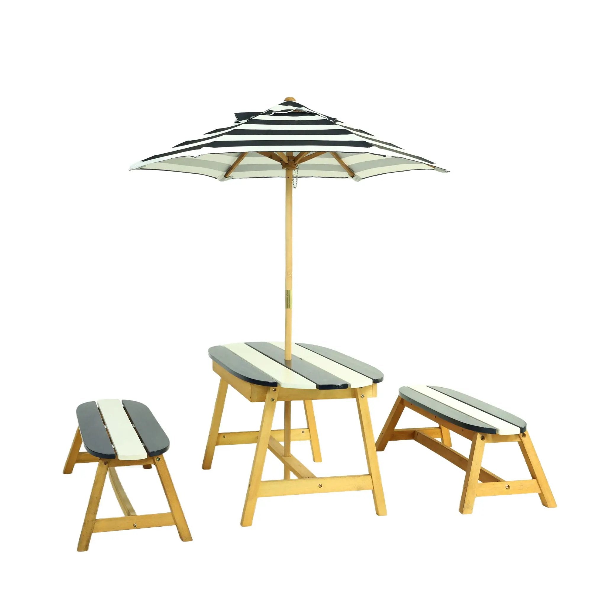 Naturally Playful Kids Picnic Table With Umbrella, Indoor / Outdoor Fun - Blue / White Stripes by Unique Piece Furniture