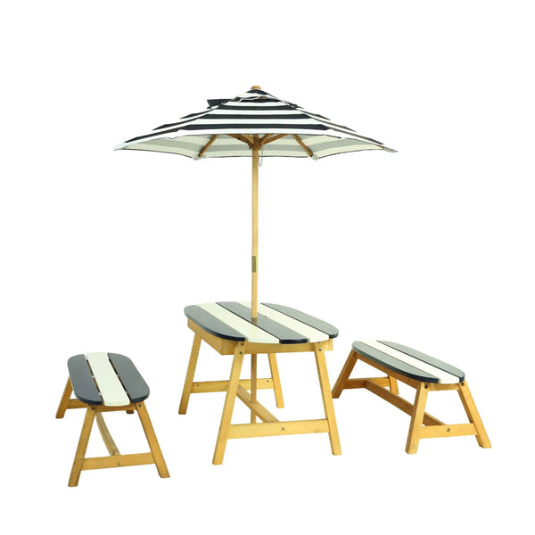 Naturally Playful Kids Picnic Table With Umbrella, Indoor / Outdoor Fun - Blue / White Stripes