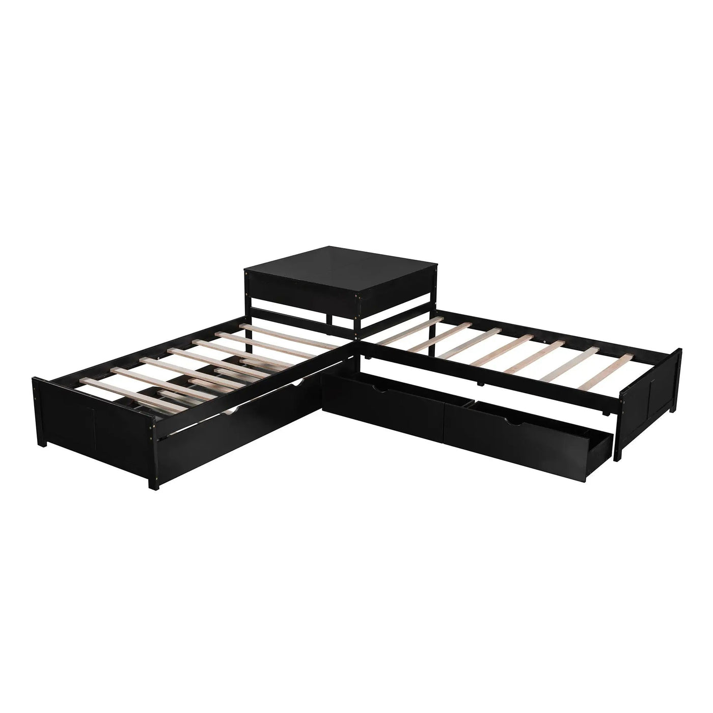L Shaped Platform Bed With Trundle And Drawers Linked With Built In Desk by Unique Piece Furniture