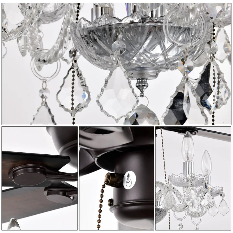 52" Crystal Shade Ceiling Fan Lamp, 3 Speed, 4 Timing, 5 Reversible Blades Crystal Ceiling Fan, 5 Pieces X E12 (No Include Bulb), Hand Pull Chain - Matte Black by HouseOfZazla