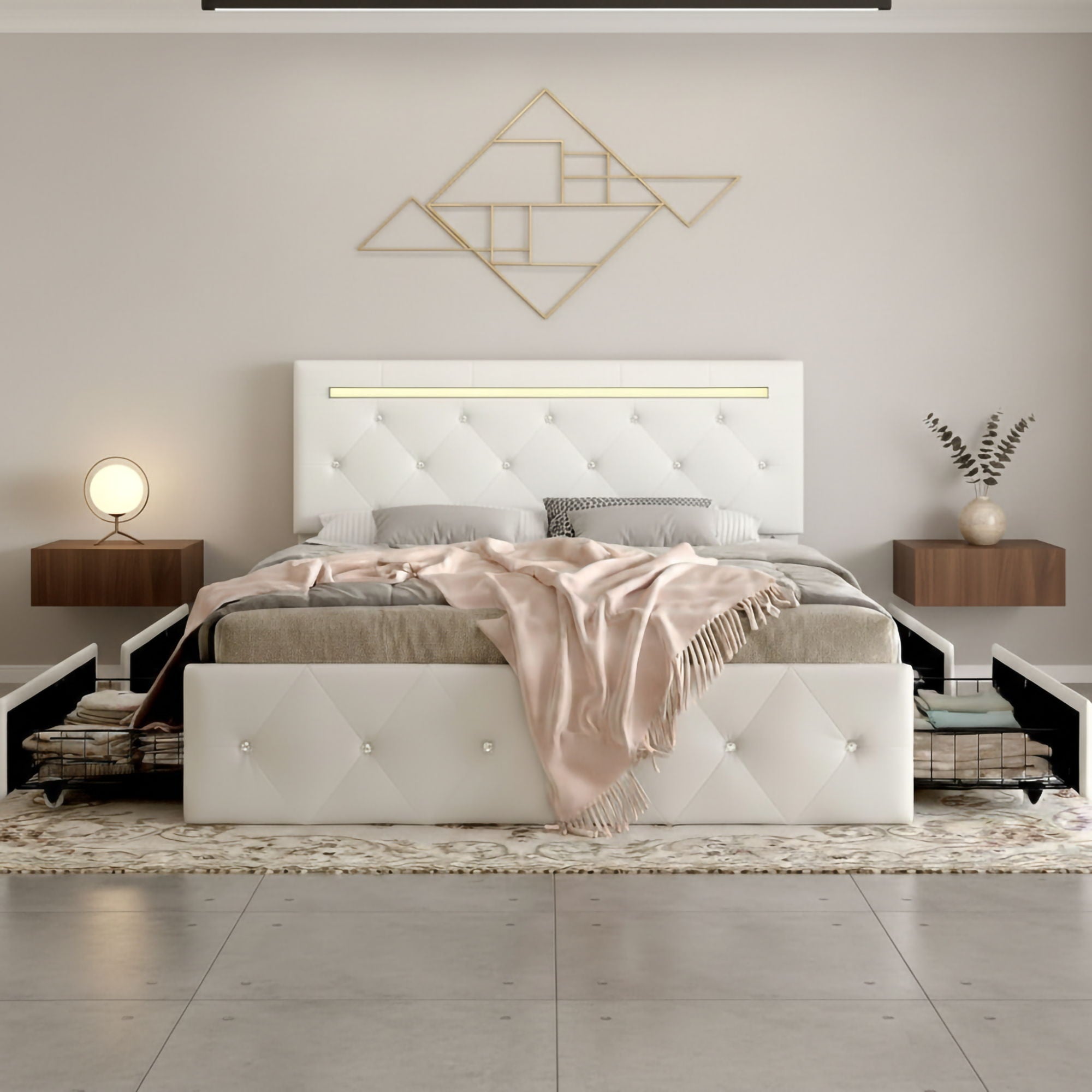 Upholstered Bed Frame With LED Lights, 4 Storage Drawers, Charging Station by HouseOfZazla