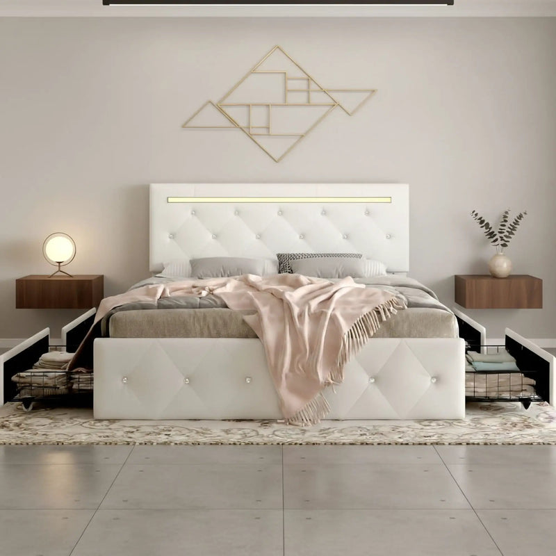 Upholstered Bed Frame With LED Lights, 4 Storage Drawers, Charging Station by HouseOfZazla