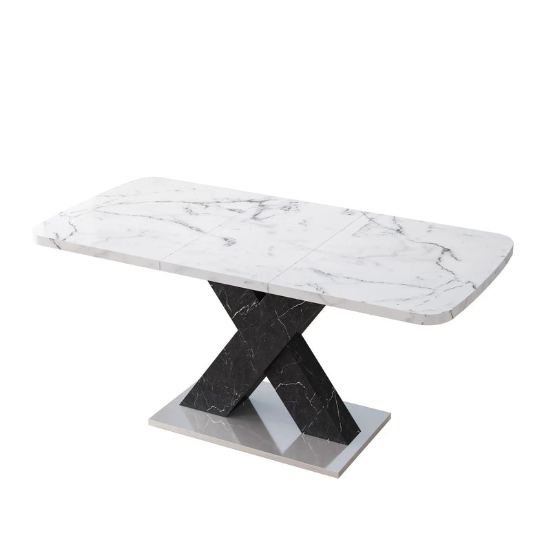 Rectangle Dining Table With Stretchable Top, X Shape Mdf Legs With Steel Base - White / Black by Unique Piece Furniture
