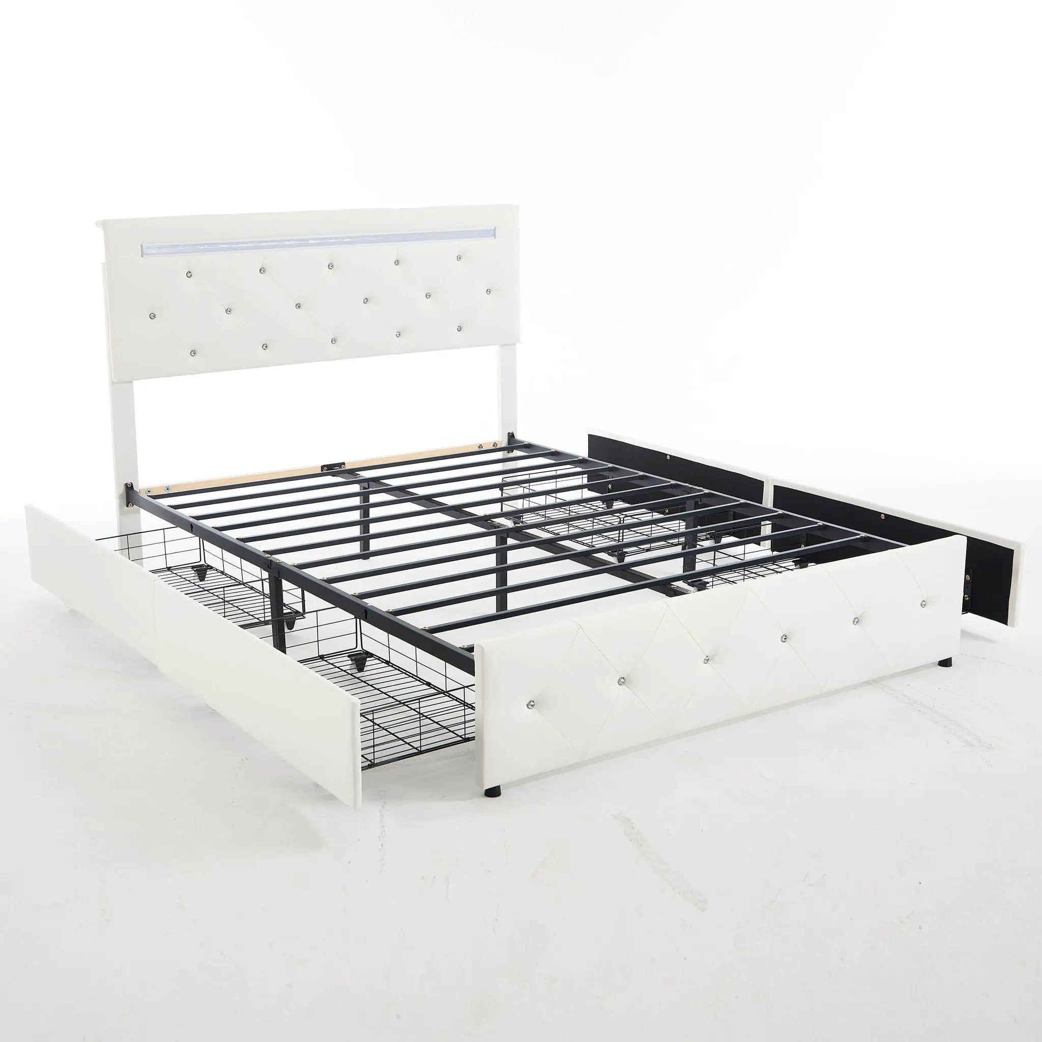 Upholstered Bed Frame With LED Lights, 4 Storage Drawers, Charging Station by HouseOfZazla