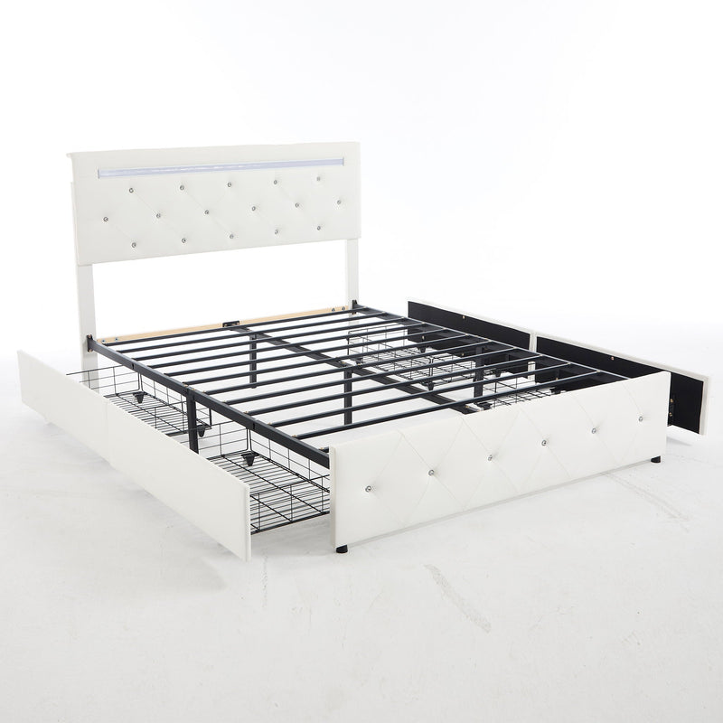 Upholstered Bed Frame With LED Lights, 4 Storage Drawers, Charging Station by HouseOfZazla