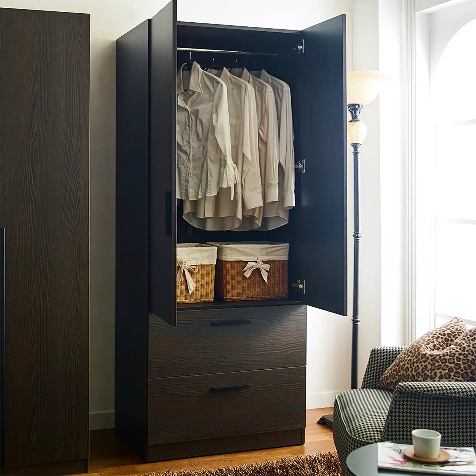 Brook - 2 Door Closet With 2 Drawers And Hanging Bars - Dark Brown by HouseOfZazla