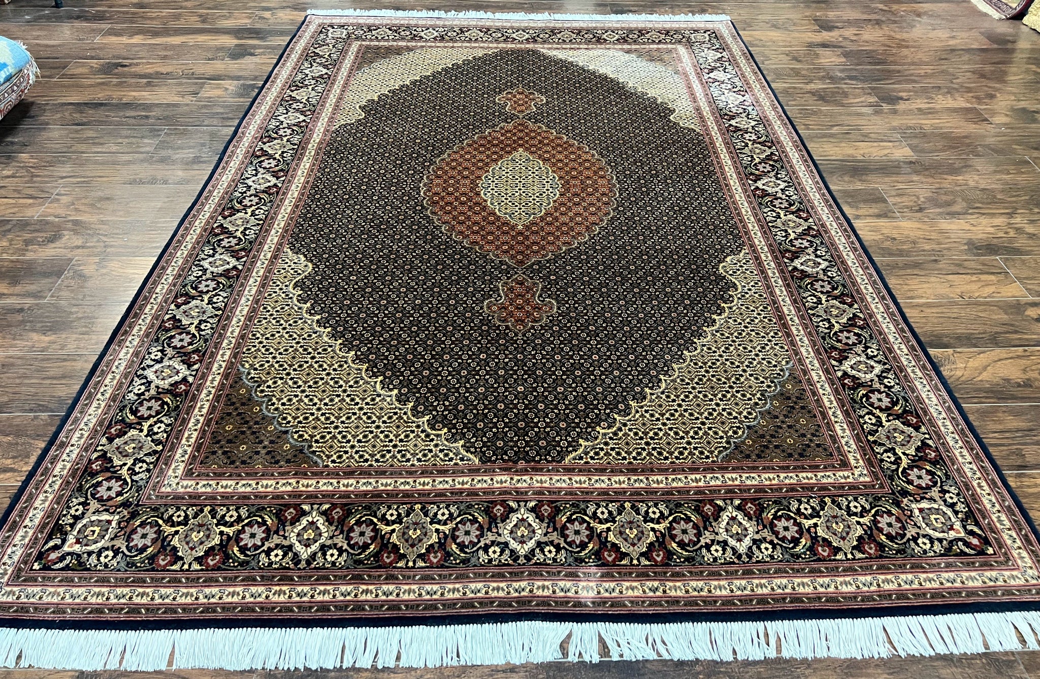 Persian Tabriz Rug 7x10, Very Fine 330 KPSI 50 Raj, Black and Beige, Handmade Wool Vintage Persian Carpet by Jewel Rugs