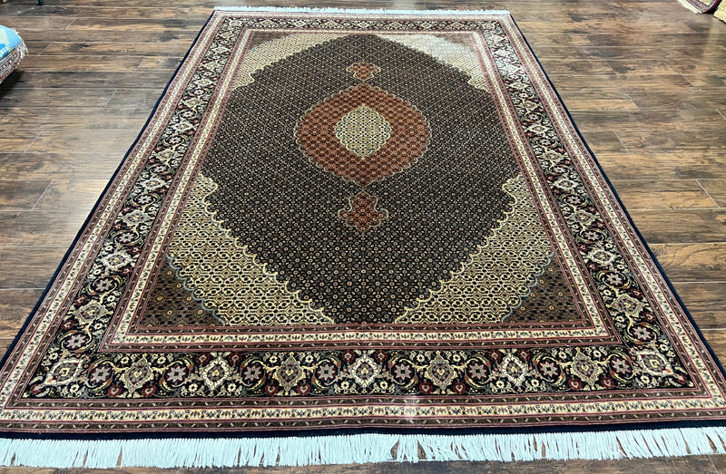Persian Tabriz Rug 7x10, Very Fine 330 KPSI 50 Raj, Black and Beige, Handmade Wool Vintage Persian Carpet by Jewel Rugs
