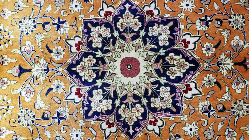 Vintage Persian Qum Silk Rug 4.6 x 6.7, Burnt Orange and Navy Blue, Antique Oriental Very Fine Signature Master Weaver 350+ KPSI Ghom Qom 5x7 Rug by Jewel Rugs