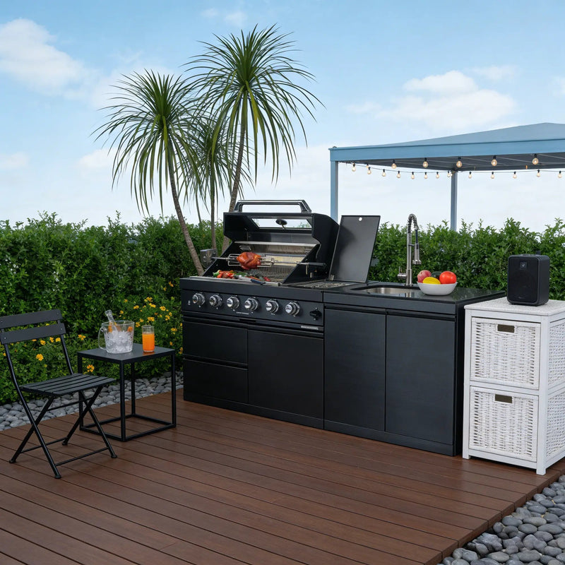 79" 4-Burner 72,000 BTU Black Outdoor Kitchen Island Grill + Side Burner + Rotisserie kit +Sink by Chery Industrial
