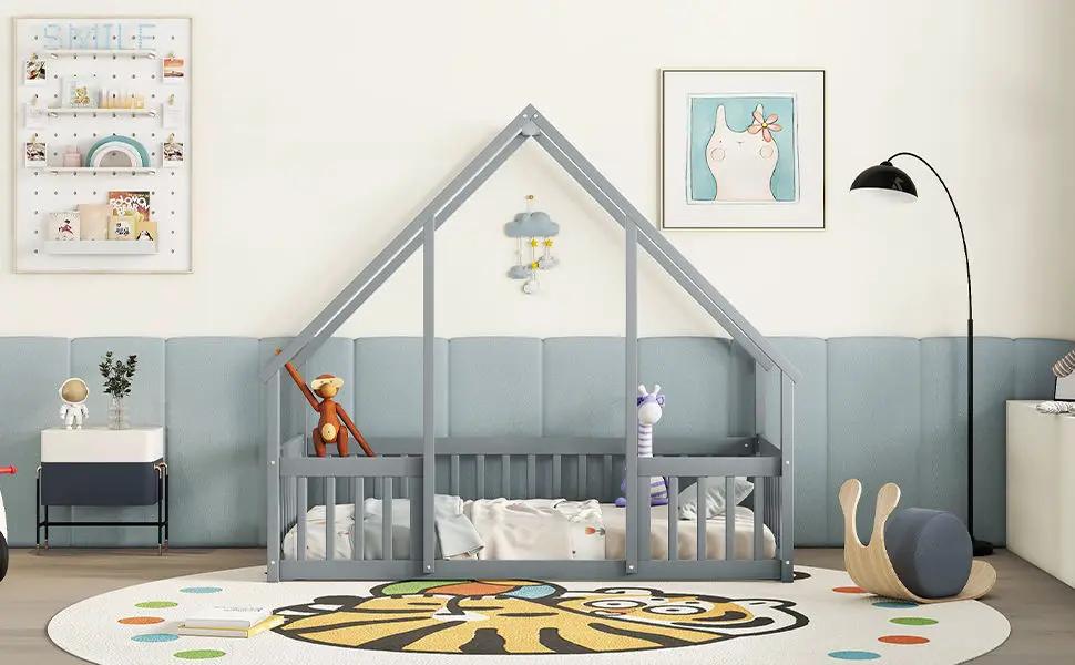 Wood House-Shaped Floor Bed With Fence, Guardrails by Unique Piece Furniture